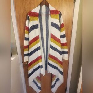 Baciano Hudson Bay Stripe Cardigan Large Long Open Front Cozy Knit Duster